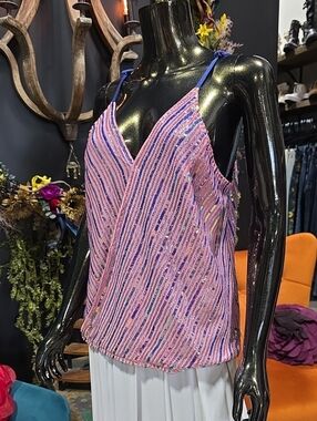Sequin-Striped Pink V-Neck Cami Tank Top